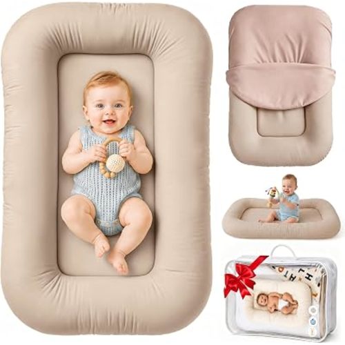 Infant Support Cushion & Baby Support Cushion for Newborn 0-24 Months, Breathable Cotton Pad, Supervised Use, Portable Infant Essentials for Travel and Home, Brown (Cover Included)