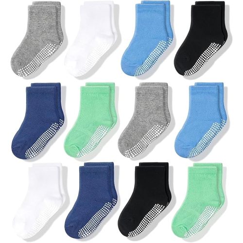 CozyWay Baby & Toddler Socks With Grippers Non Slip Crew Grip Socks for Girls and Boys Soft Comfy Cotton - 12 Pack