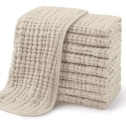 Yoofoss Muslin Burp Cloths for Baby 10 Pack 100% Organic Cotton Baby Washcloths for Boys Girls Large 20''X10'' Super Soft and Absorbent Apricot White