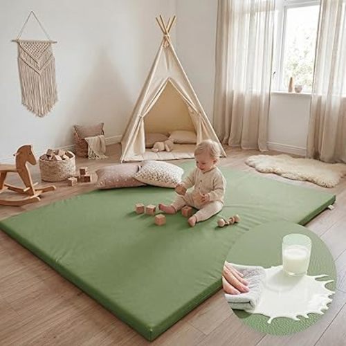 Huloo Sleep Waterproof Baby Play Mat for Floor,65x50 Padded Playpen Mat with Vegan Leather Cover,1.3" Thick Cushion Foam Nursery Rug for Infants,Toddlers & Kids,Non-Slip & Non-Toxic(Green)