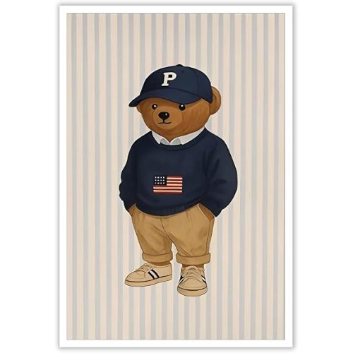 Teddy Bear Wearing A Baseball Cap Poster Trendy Funny Bear Canvas Wall Art Preppy Abstract Sporty Animal Aesthetic Prints Painting For Living Room Bedroom Nursery Wall Decor 12x16in Unframed