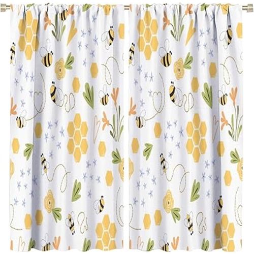 Kids Bee Blackout Curtain，Cartoon Cute Floral Window Curtain Yellow Sweet Plant Darkening Drapes Rod Pocket Cafe Dining Room Bedroom Living Room Kitchen 2 Panels 42x45 in