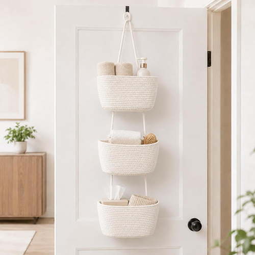 Woven Cotton 3-Tier Over the Door Basket, Wall Mounted Hanging Storage Basket, Decorative Organizer for Stuffed Animals, Nursery, Bedroom, Bathroom, Kitchen