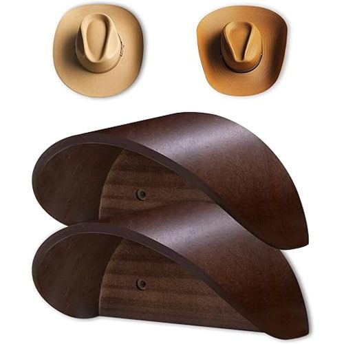 Cowboy Hat Holder Rack for Wall, 2 Pack Hat Hooks with Non-Damage Brim Design, Rustic Wood Hats Hanger on Wall to Keep Original Shape of Hats, for Home, Closet, Entryway, Cabin, Western Room Decor