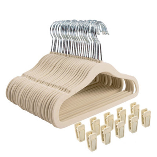 Non-Slip Clothes Hanger For Baby And Kids 30-Pack Velvet Hangers With 10 Finger Clips,Beige | Wayfair