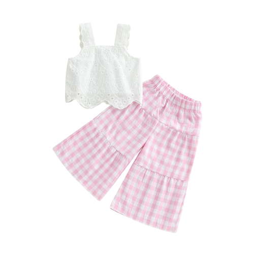 Loicainy Toddler Baby Girl Summer Clothes Set 6 12 18 24 Months 2T 3T 4T Eyelet Embroidery Cami Tops + Elastic Waist Plaid Print Wide Leg Pants 2 Pcs Outfits