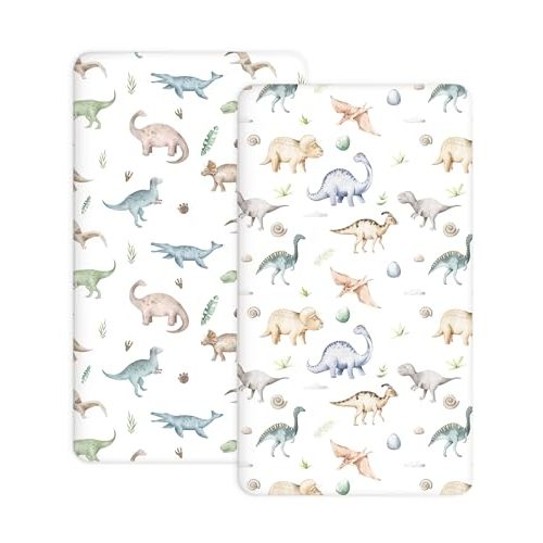 Crib Sheets for Boys and Girls, 2 Pack Fitted Baby Sheets for Standard Toddler Mattress 28" x 52", Soft Breathable Jersey Knit Baby Bedding (Dino Pals, Pack N Play/Mini Crib Sheets)