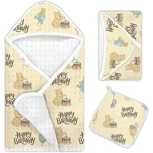 1PCS The Pooh Baby Bath Towels, Winnie Hooded Baby Towel, Bath Supplies for Newborns, Soft & Absorbent, Happy Birthday Baby Towel with 1 Toddler Face Towels 32 * 32IN