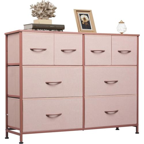 WLIVE Wide Dresser for Bedroom, 8 Drawer Chest of Drawers, Pink | 8 roomy fabric drawers, Wide storage design, Bedroom or closet use, Sturdy steel frame, Smooth wood tabletop