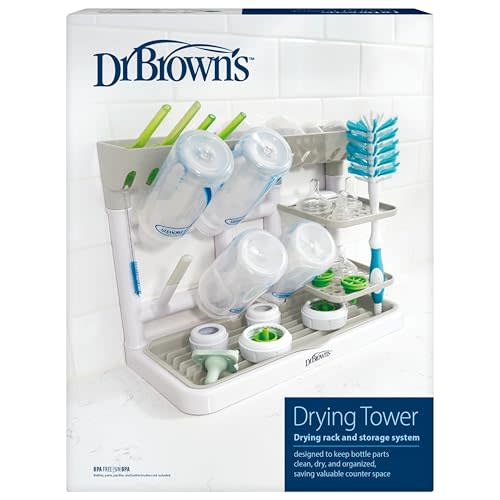 Dr. Brown's Drying Tower, Stand-Up Drying Rack, Countertop Baby Bottle Drying with Organized Storage for Baby Essentials, Space Saving Vertical Rack, Gray/White