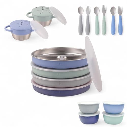 Elk and Friends Kids Stainless Steel Mealtime Bundle | 16 Pcs Dinnerware Set | Plates, Bowls, Snack Cups & Toddler Utensils | Travel Storage Lids | Dishwasher Safe