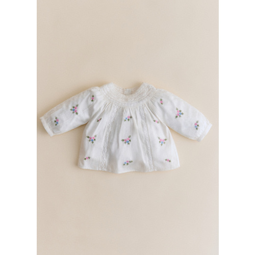 Dorrita Blouse - Placed Multicolored Flowers Embroidery On Cream