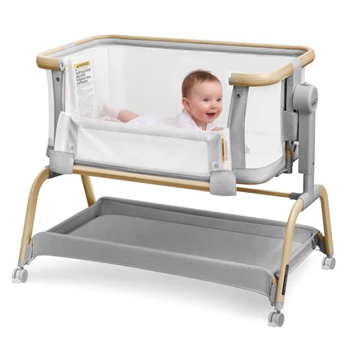 Tinyiota 3 in 1 Baby Bassinet,Rocking Bedside Crib Sleeper for Newborns | 6 Height Adjustable Bassinet with Mattress and Soft | Breathable Sheet | Full-Mesh Sides | 4 Wheels,Stable&Cozy Crib for Baby