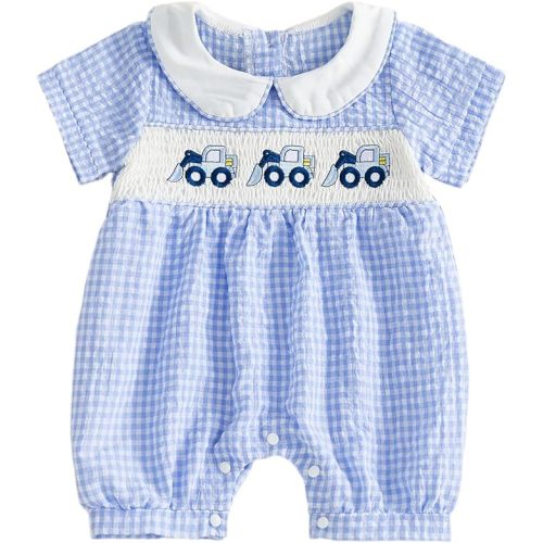 Baby Boy Short Sleeve Jumpsuit Collared Excavator/Animals Smocked Gingham Romper One Piece Clothes