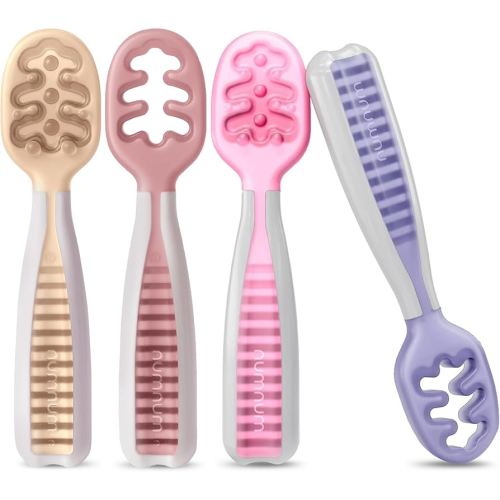 NumNum Baby Spoons Set, Baby Essentials Pre-Spoon GOOtensils for 6+ Months, First Stage Self-Feeding Spoons for Baby Led Weaning (BLW), Silicone Toddler Utensils, BPA-Free, 4 Pack Sweet Dreams
