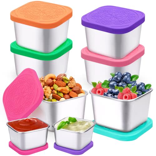 8Pack Stainless Steel Snack Containers for Kids, Toddler Reusable Easy Open Snackle Box Container with Silicone Lids, 6Pack Large & 2Pack Small Stackable Metal Lunch Box for Daycare, School and Travel