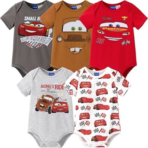 Disney Marvel Cars Toy Story Short-Sleeve Baby Boys Bodysuits, Pack of 5