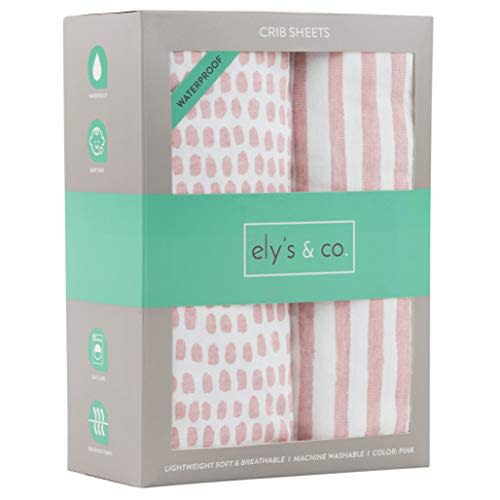Ely’s & Co. Waterproof Crib Sheets/Toddler Bed Sheets – All-in-One Mattress Protector + Fitted Sheet – Soft Jersey Cotton, Mauve Pink Splash & Stripes, Baby Girl Nursery Bedding Essential – 2-Pack