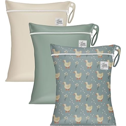 LA PETITE OURSE Wet Dry Bags with Zipper Closure and Hanging Strip, Washable, Reusable, Waterproof, for Swimming Suit, Baby Cloth Diapers, Beach, Pool, Travel, Gym, Daycare - Pack of 3 (Green)