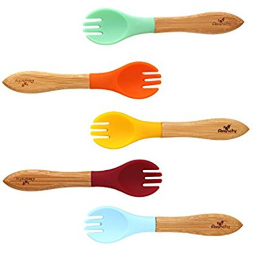 Avanchy First Stage Baby Kids Toddler Training Fork Soft Tip Silicone - Natural Bamboo, Self Feeding Utensils Set, Gift Set - 5 Pack, Assorted Colors - Green, Blue, Orange, Yellow, Magenta