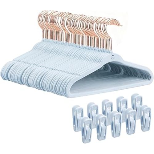 50 Pack Baby Velvet Hangers with 10 Clips, 11 Inch Infant Hangers Non-Slip, Space Saving Slim 0.2" Toddler Hangers with Rose Gold Hook, Newborn Clothes Hangers for Nursery Closet, Blue