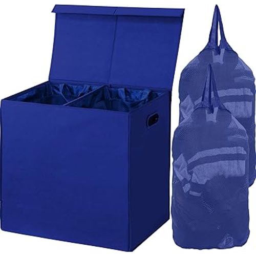 Simple Houseware Double Laundry Hamper with Lid & Removable Bags, Dark Blue