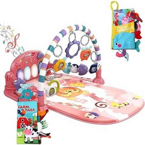 dearlomum Baby Play Mat Baby Gym,Funny Play Piano Tummy Time Baby Activity Mat with 5 Infant Sensory Baby Toys & 2 Baby Book Toys, Boy & Girl Gifts for Newborn 0 to 3 6 9 12 Months(Pink)