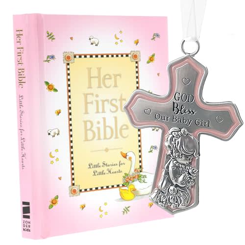 elskandi Baby Girl First Bible & Catholic Baptism Gift Set – Pink “Her First Bible” & Crib Cross with God Bless Our Baby Girl – Christening Keepsake from Godparents, Dedication or Newborn Girl Gift