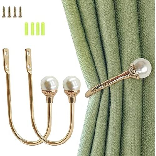 Gold Plastic Pearl U-Shaped Curtain Tie-Backs with Screws, Wall-Mounted Hooks for Home Office Curtains (Pack of 2)