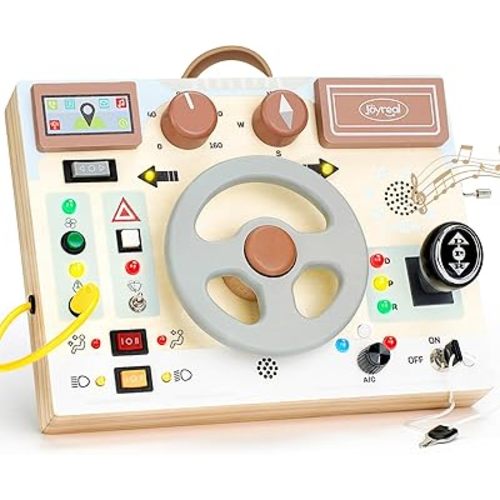 Joyreal Toddler Busy Board with LED Lights, Steering Wheel, Sounds, Montessori Toys for 1+ Year Old, Fidget Board Sensory Travel Toy, Gifts for Boys and Girls