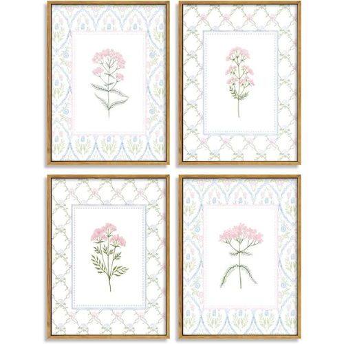 Pink Blue Floral Nursery Wall Art Watercolor Wildflower Pictures Wall Decor Sage Green Botanical Posters Vintage Grandmillenial Flower Painting Print Artwork for Baby Girls Room Bedroom, Framed