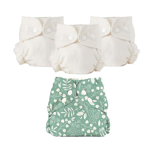 Esembly Cloth Diaper Set - 3 Inners & 1 Outer - Botany, Size 1 (7-17lbs) | 3 Organic Cotton Absorbent Inners, 1 Waterproof Outer Diaper Cover, Reusable & Washable, Snap Closure