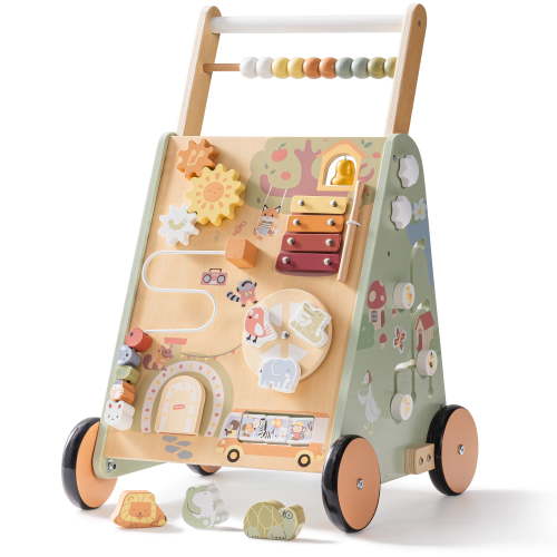Robud Wooden Baby Walker, with Wheels, Montessori Push Toys for Babies 10M+ Learning to Walk, Baby Walkers Activity Center for Boys and Girls, Green, Forest Fairy Tale