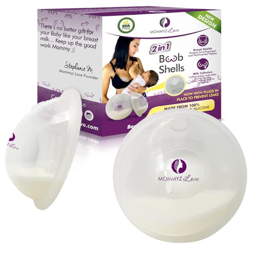 Mommyz Love Breast Shells & Milk Catcher for Breastfeeding New Model with Plugs - Breast Milk Catcher to Relieve Cracked Sore & Engorged Nipples - Breast Shells Milk Collector for Leaking Milk 2 Pack