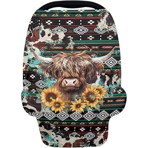 Highland Cow Print Baby Carseat Cover Sunflower Nursing Cover Fashion Carseat Covers Baby Nursing Cover Toddler Boy Girls Breastfeeding Canopy Infant Stroller Cover Car Seat Canopy