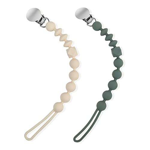 One-Piece Silicone Pacifier Clip Holder, Set of 2 Soft Flexible Pacifier Clips Binky Clips for Boys and Girls, Baby Newborn Essentials(Sage, Cream White)