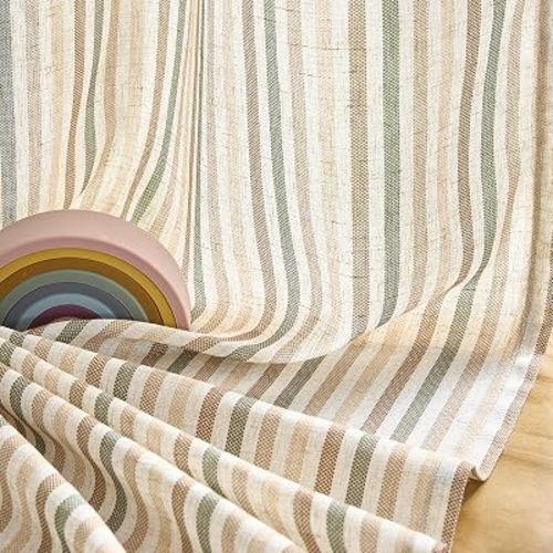jinchan Colorful Linen Curtains for Nursery Living Room Multi Green on Beige Striped Curtains for Bedroom Cute Ticking Stripe Farmhouse Baby Boys Kids Room Light Filtering Grommet 2 Panels 84 inch
