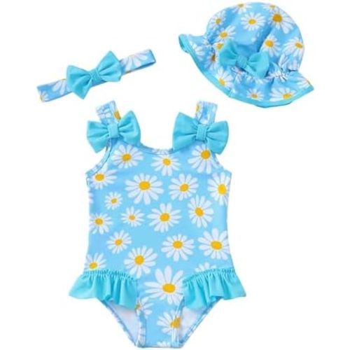 Baby Girl Swimsuit Infant One-Piece Bathing Suit Cute Summer Beach Tankini Bikini Ruffle Bow Toddler Swimwear with Hat