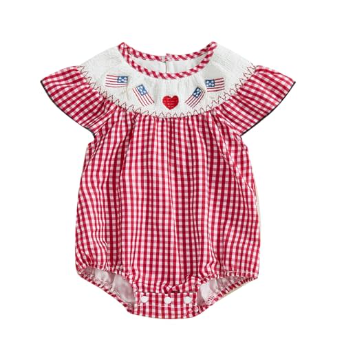 Lenjindjer Infant Baby Girl 4th Of July Outfit Plaid Smocked Flutter Sleeve Bubble Romper Flag Embroidered Summer Bodysuit
