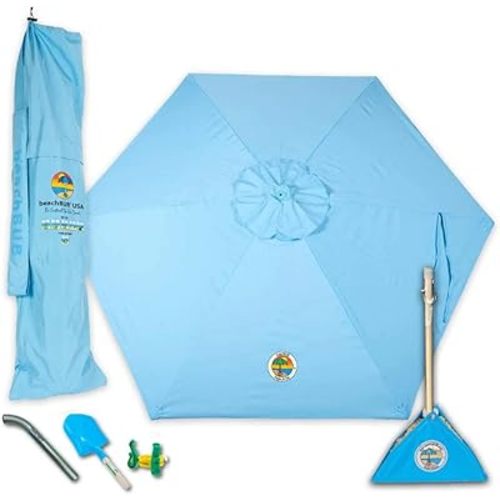 BEACHBUB ALL-IN-ONE BEACH UMBRELLA SYSTEM. Includes ULTRA Base (compliant with the ASTM F3681-24 Beach Umbrella Safety Standard). (Caribbean Blue)