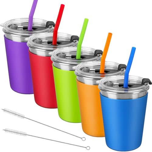 Kids Cups with Lids and Straws, 5 Pack 12oz Spill-Proof Straw Cups | 18/8 Stainless Steel Kids Cups, BPA-Free & Dishwasher Safe, Unbreakable Toddler Cups with Straws & Sleeves for Home Outdoors