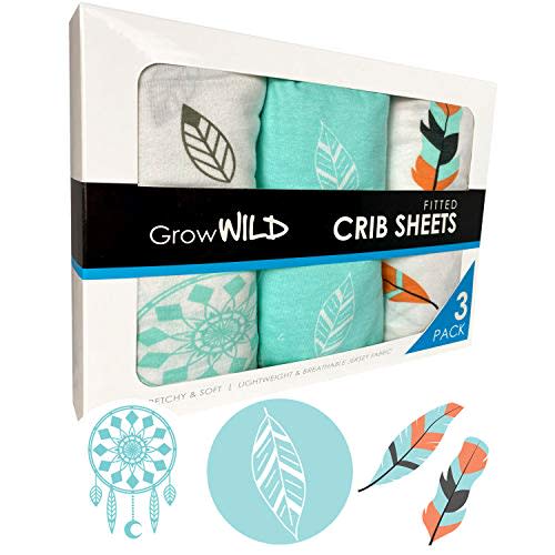 GROW WILD Crib Sheets for Boys or Girls | 3 Pack Soft Jersey Cotton Fitted Crib Sheets | Teal White Baby Crib Sheets for Girl, Crib Mattress Sheet or Toddler Bed Sheets. Boho Feathers & Dreamcatchers
