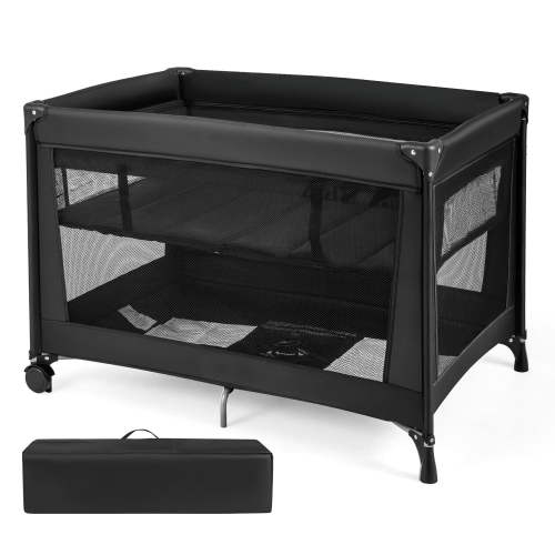 Babyjoy Portable Baby Playard with Soft Mattress, Breathable Mesh Sides, Wheels & Carry Bag Black