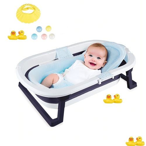 SHIBAILI Portable Baby Bath Tub-Foldable Design,Thermometer & Soft Cushion 0-36Month(Blue Mesh Mat)