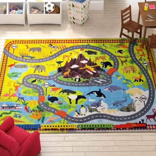 Zoomie Kids Weranna Animal Safari Vehicle Educational Rug 5’x6’6”