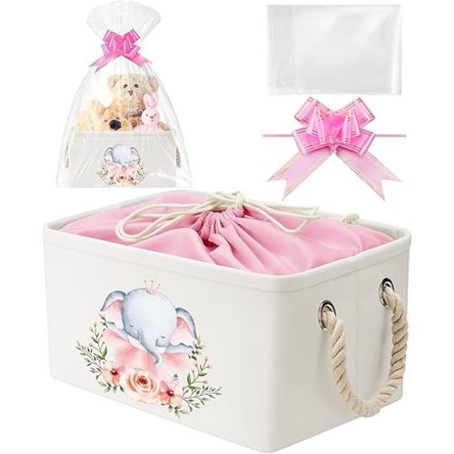Pickmesh Baby Shower Storage Basket with Gift Bags Rectangular Ribbons Collapsible Canvas Storage Bin with Handles for Diaper Organizing Toy Home DIY Gift Basket, 13 x 9. 1 x 7. 1 Inch(Pink Elephant)