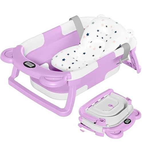 Collapsible Baby Bathtub, Baby Bath Tub with Soft Cushion & Real-Time Thermometer, Baby Bathtub Infant to Toddler Tub (0-36 Months), Portable Newborn Travel Bath tub