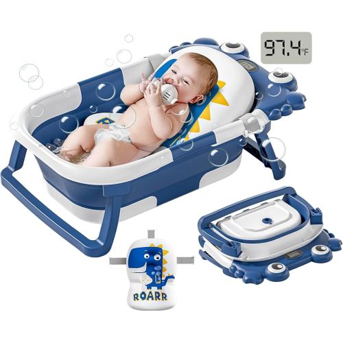 Collapsible Baby Bathtub for Newborns to Toddler with Real-time Temp Monitor & Floating Cushion,Portable Travel Tub for 0-36 Month, Foldable Baby Bath Tub for Infants Boy (Blue)