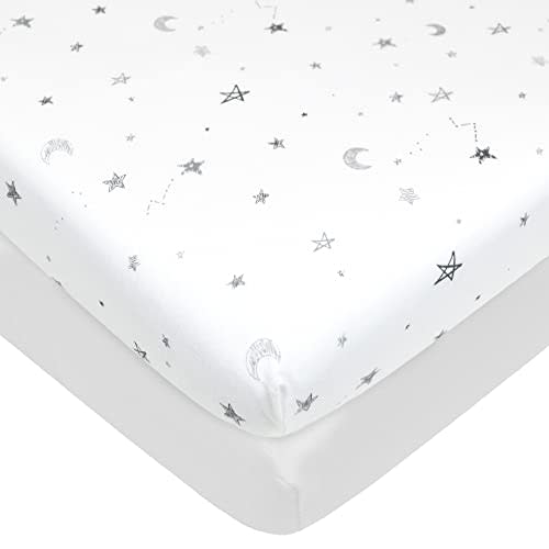 American Baby Company 2 Pack Printed 100% Natural Cotton Jersey Knit Fitted Portable/Mini-Crib Sheet, Gray Star and White, Soft Breathable, for Boys and Girls