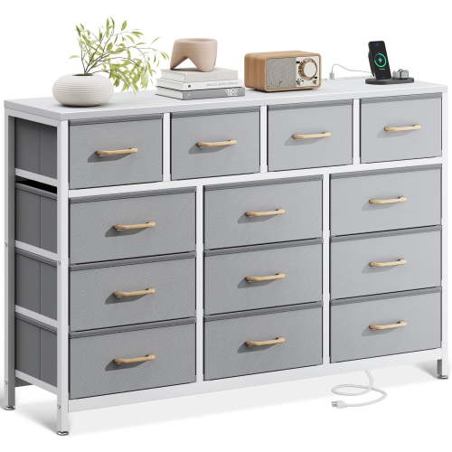 Casacomoda 55-Inch Wood Dresser with 13 Storage Drawers & Built-in Power Outlets, Large Bedroom Dresser and TV Stand, Light Grey